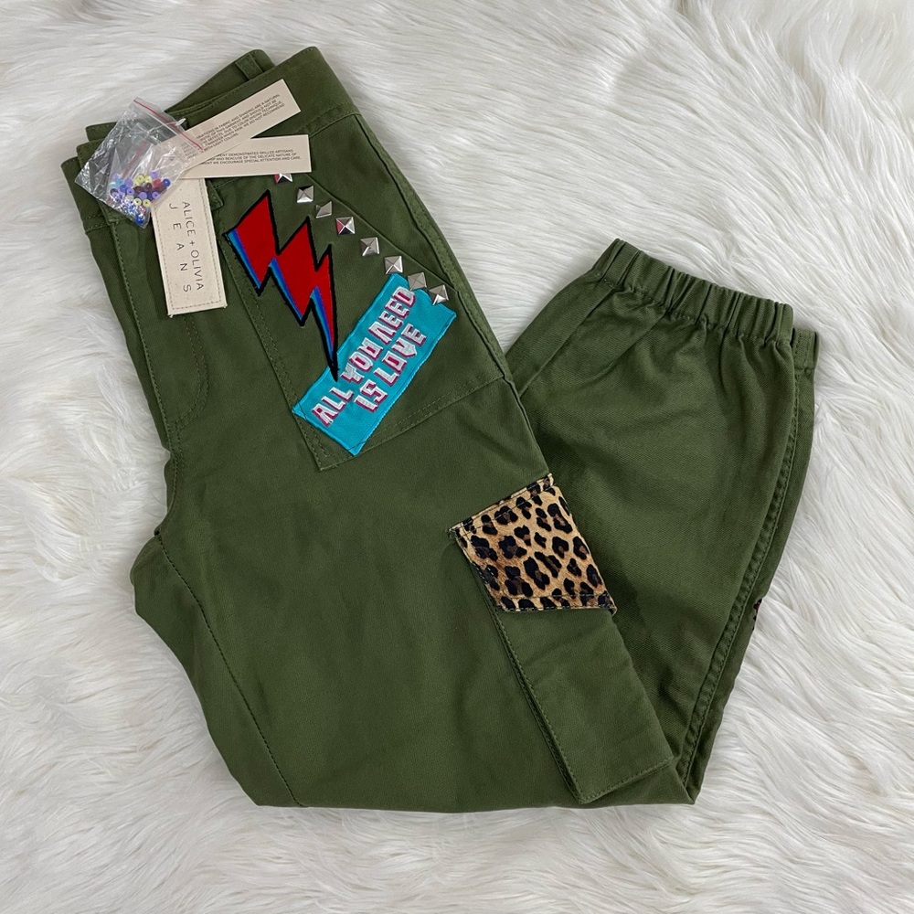 Alice + Olivia | High-Waisted Patchwork Cargo Pant | Army/Multi